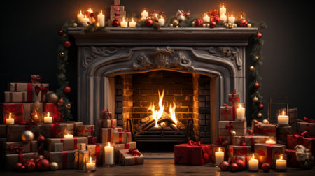 A festive fireplace surrounded by stockings candles. Generative AI.の素材