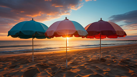 Colorful umbrellas on the beach at sunset. Generative AI.の素材