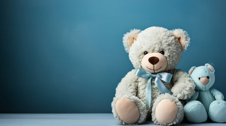 Cute blue teddy bear toy on blue background with space. Generative AI.の素材