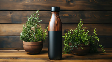 Eco friendly water bottle on wooden surface. Generative AI.の素材