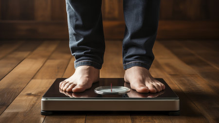 Feet of a young adult man standing on a scale measurin. Generative AI.の素材