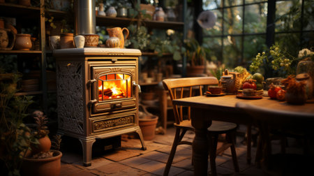 Glowing wood burning stove illuminates rustic domestic. Generative AI.の素材