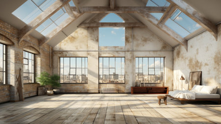 Loft style white room new empty penthouse apartment. Generative AI.の素材