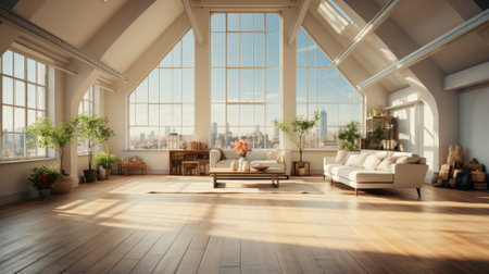 Loft style white room new empty penthouse apartment. Generative AI.の素材