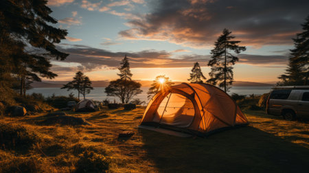 Morning sunrise at camping camp tents. Adventure vacation. Generative AI.の素材