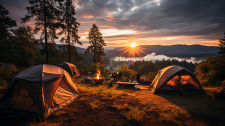 Morning sunrise at camping camp tents. Adventure vacation. Generative AI.の素材