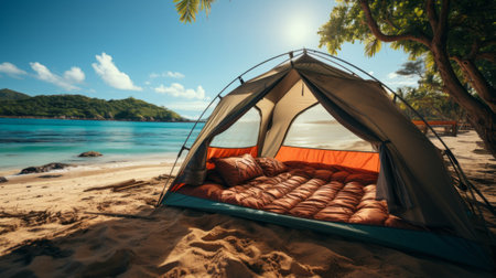 Photo realistic illustration of camping tent view. Generative AI.の素材