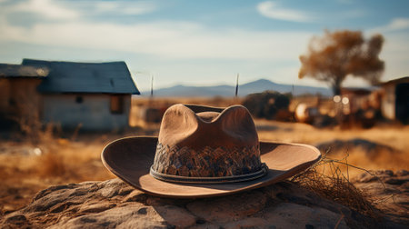 A cowboy hat and rope hanging on a peg in a cabin. Generative AI.の素材