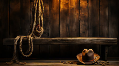 A cowboy hat and rope hanging on a peg in a cabin. Generative AI.の素材
