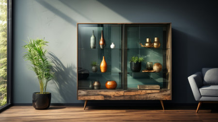 A sleek modern cabinet with glass doors to display. Generative AI.の素材