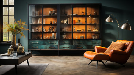 A sleek modern cabinet with glass doors to display. Generative AI.の素材