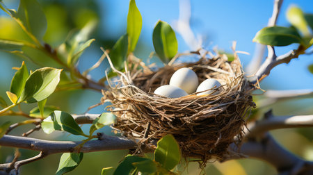 Birds nest on a tree. Generative AI.の素材