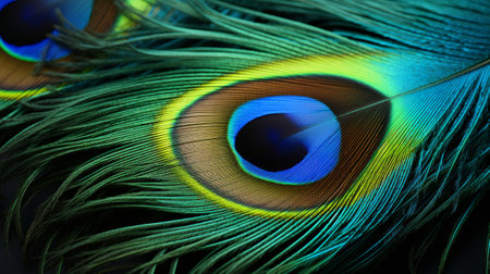 Close up image of a green and blue peacock feather. Generative AI.の素材