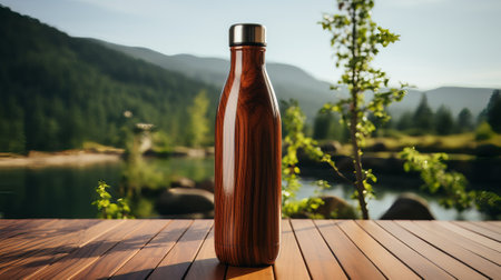Eco friendly water bottle on wooden surface. Generative AI.の素材