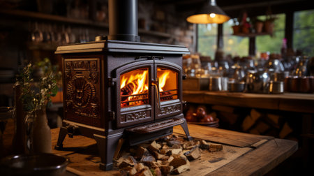 Glowing wood burning stove illuminates rustic domestic. Generative AI.の素材