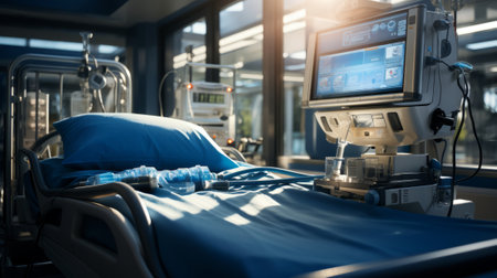 Intensive care unit with medical machines and monitori. Generative AI.の素材