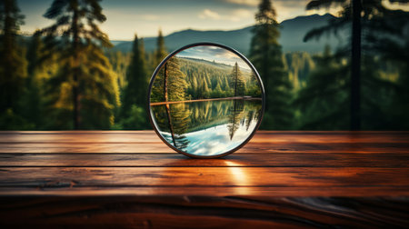 Magnifying glass on a wooden table. Generative AI.の素材