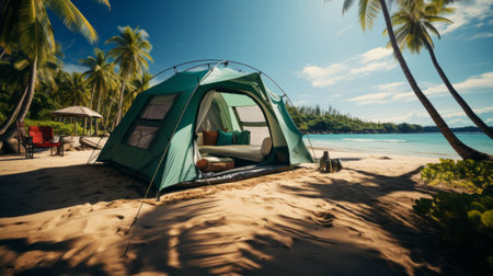 Photo realistic illustration of camping tent view. Generative AI.の素材