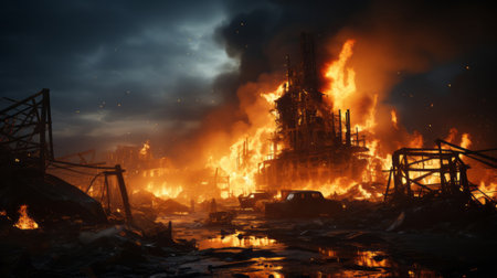 Ruined factory ablaze. Generative AI.の素材