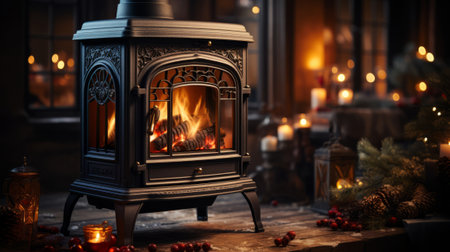 Wood burning stove in front of a christmas tree. Generative AI.の素材