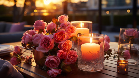 Romantic table setting with candles and flowers. Generative AI.の素材