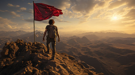 Silhouette of a traveler on mountain peak with flag. Generative AI.の素材
