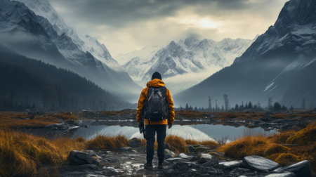 Unrecognizable traveler standing near mountain. Generative AI.の素材