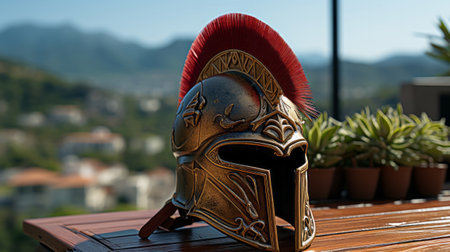 Statue of a spartan helmet on top of a wooden table. Generative AI.の素材