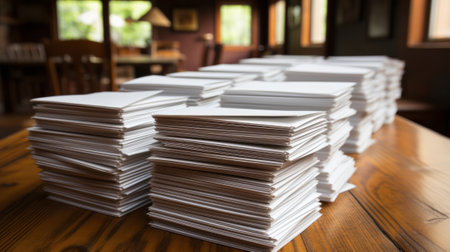 Stack of white envelopes on a wooden table. Generative AI.の素材