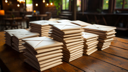 Stack of white envelopes on a wooden table. Generative AI.の素材