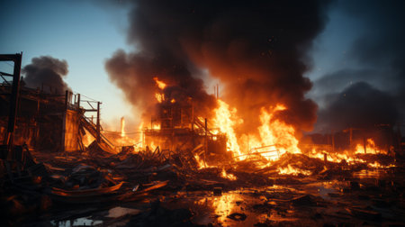 Ruined factory ablaze. Generative AI.の素材