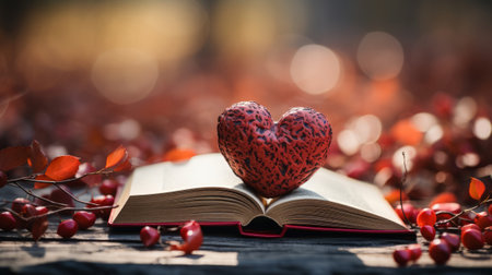 Red paper heart on open book on blurred library background. Generative AI.の素材