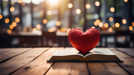 Red paper heart on open book on blurred library background. Generative AI.の素材