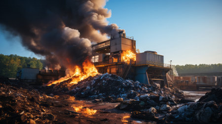 Recycling plant. Conveyor belt with pile of waste. Generative AI.の素材