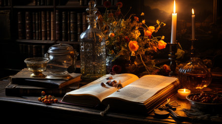 Old fashioned table illuminated by candle flame readin. Generative AI.の素材