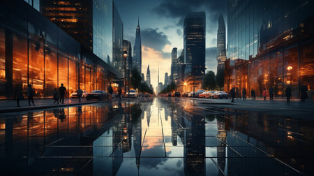 Modern skyscraper facade reflects moody city life. Generative AI.の素材