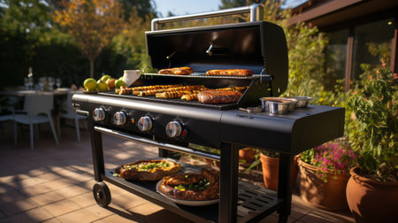 Modern barbeque grill in the backyard. Generative AI.の素材