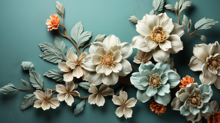 Mint background flowers on paper wallpaper in victoria. Generative AI.の素材