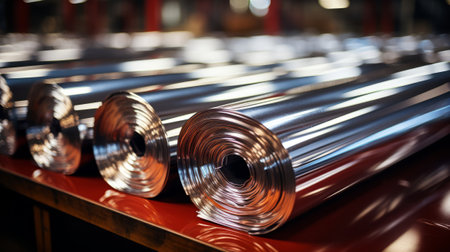 Metallurgical production. Large rolls of shiny aluminu. Generative AI.の素材