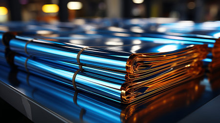Metallurgical production. Large rolls of shiny aluminu. Generative AI.の素材