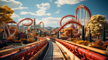 Image of a roller coaster in an amusement park. Generative AI.の素材