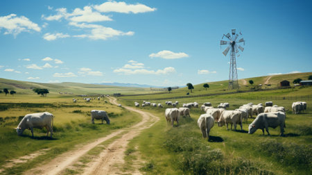 Farms that turn wind into electricity powering industry. Generative AI.の素材