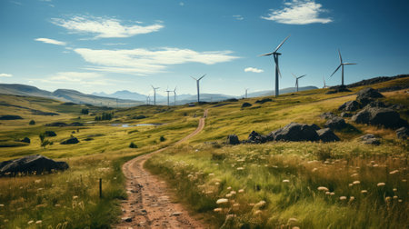 Farms that turn wind into electricity powering industry. Generative AI.の素材
