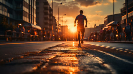 Disabled person with prosthetic leg running marathon. Generative AI.の素材