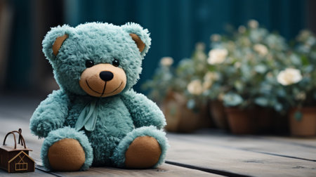 Cute blue teddy bear toy on blue background with space. Generative AI.の素材