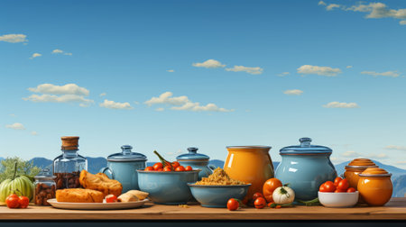 Collection of kitchen utensils on the table. Generative AI.の素材
