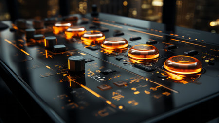 Close-up of a backlit panel with buttons for controlli. Generative AI.の素材