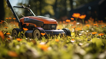 Close-up Lawnmower in a grass field. Generative AI.の素材