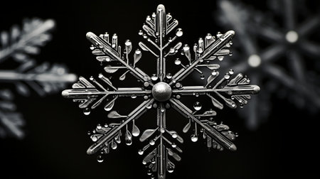 Black and white image of snowflakes on a black background. Generative AI.の素材