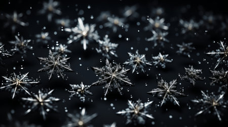 Black and white image of snowflakes on a black background. Generative AI.の素材